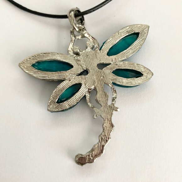 Vtg Dragonfly Necklace Pendant Insect Aqua Crystal Silver Plated Black Cord 18" - Picture 8 of 10
